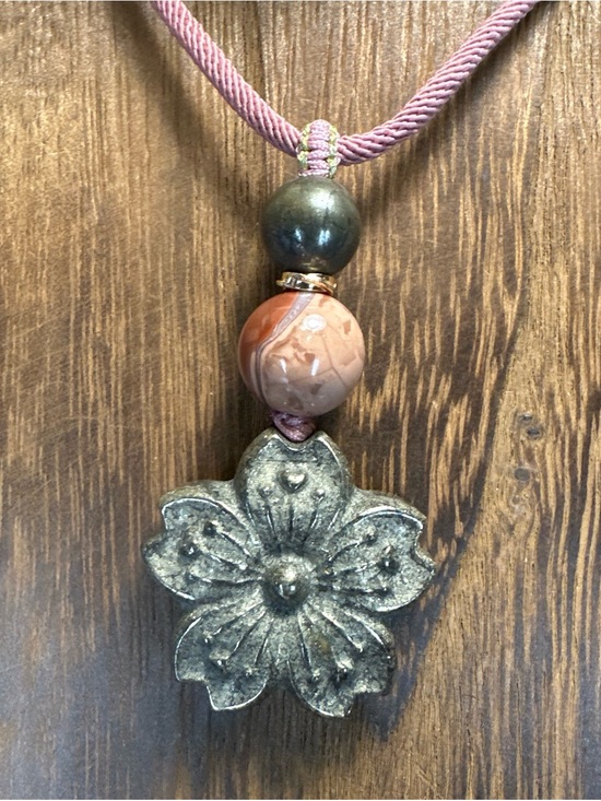 Jewelry - Pyrite Daisy Flower Pendant Necklace on Pink Adjustable Rope